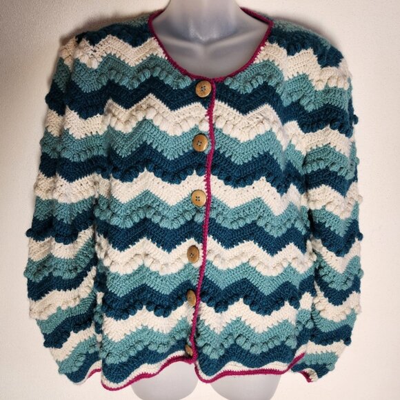 French Knot exclusively for Sundance Chevron Cardigan Women's Size L Hand Made - Picture 2 of 12